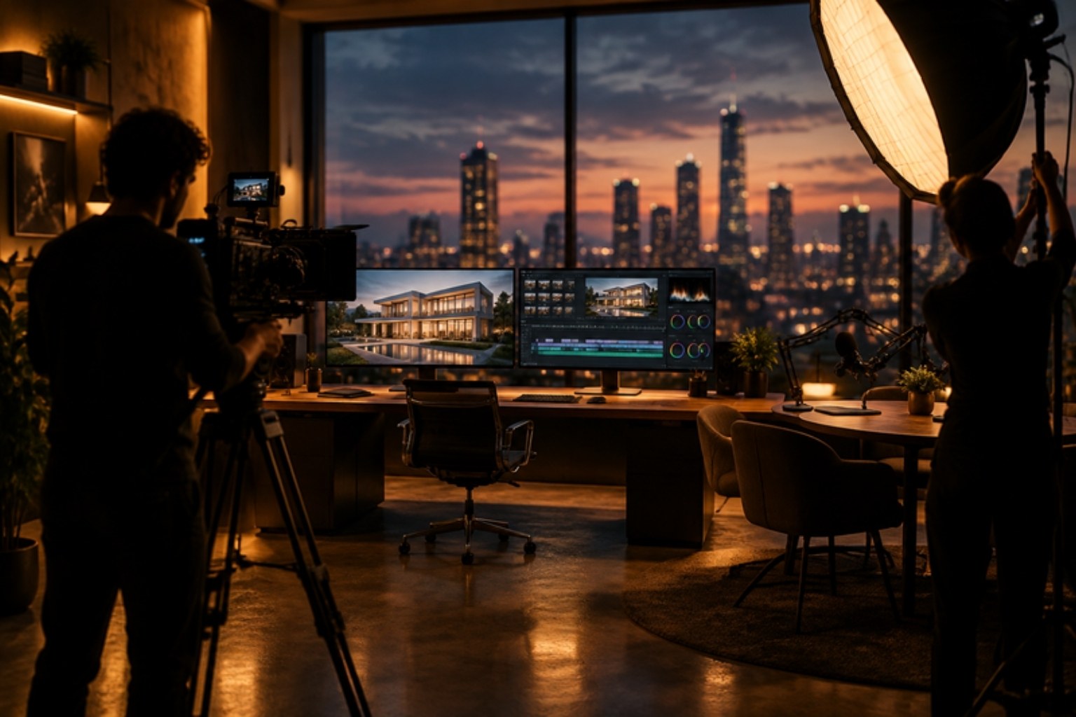 Art Sun Studio production studio: cinema camera, lighting, 3D render and video editing screens and podcast microphones