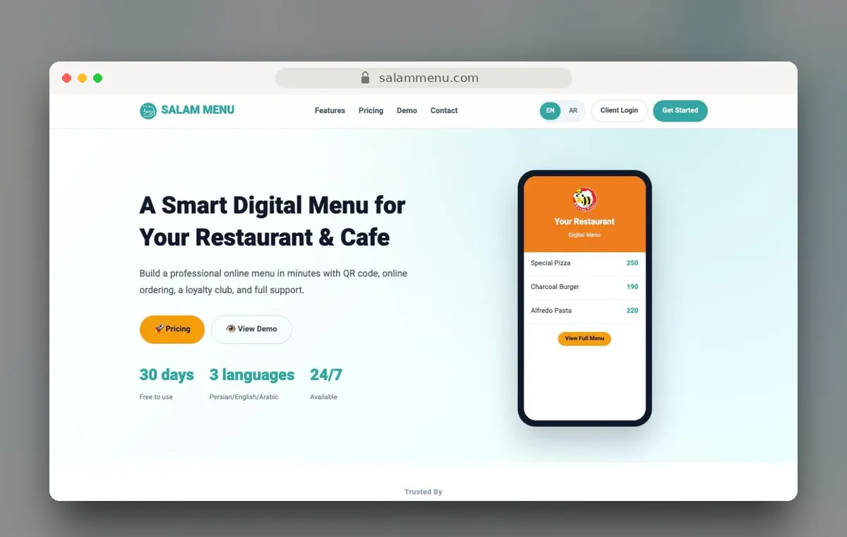 Salam Menu website design by Art Sun Studio